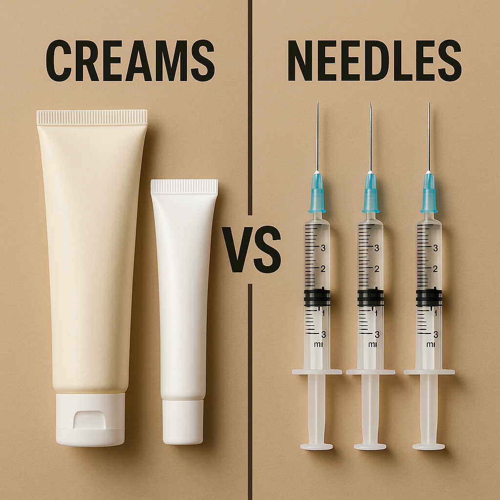 Generate an image that shows creams vs needles